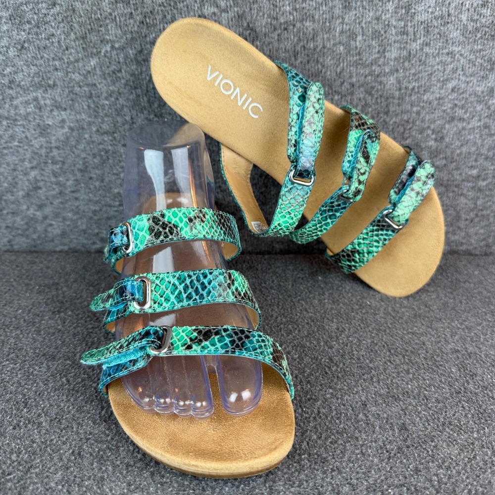 Vionic Womens 9 Snake Print Wedge Sandals Teal Slides Orthotic Comfort
